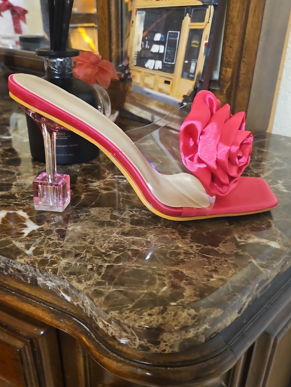 New Pink Satin Flower Mule Heels. Size 7